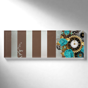 Steampunkuhr und türkisfarbene Rose auf Streifen Namenschild