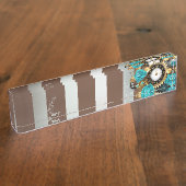 Steampunkuhr und türkisfarbene Rose auf Streifen Namensplakette (Seite)