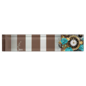 Steampunkuhr und türkisfarbene Rose auf Streifen Namensplakette (Vorderseite)