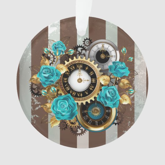 Steampunkuhr und türkisfarbene Rose auf Streifen Ornament (Vorderseite)
