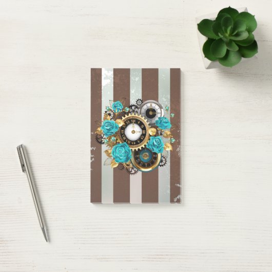 Steampunkuhr und türkisfarbene Rose auf Streifen Post-it Klebezettel (Büro)