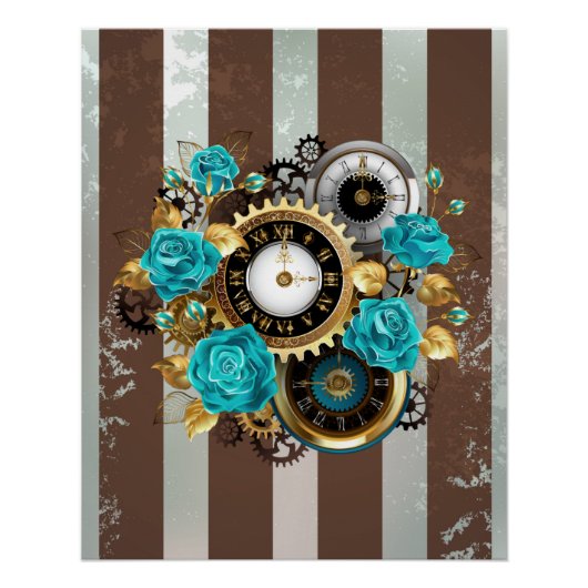 Steampunkuhr und türkisfarbene Rose auf Streifen Poster (Vorderseite)