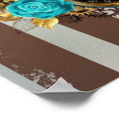 Steampunkuhr und türkisfarbene Rose auf Streifen Poster (Ecke)