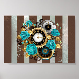 Steampunkuhr und türkisfarbene Rose auf Streifen Poster