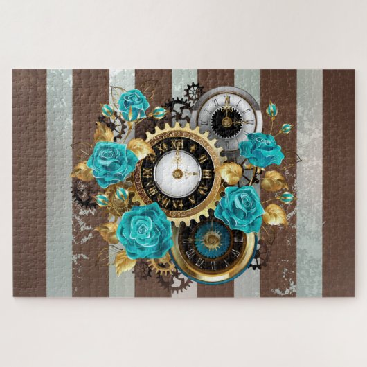 Steampunkuhr und türkisfarbene Rose auf Streifen Puzzle (Horizontal)