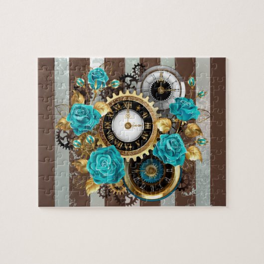Steampunkuhr und türkisfarbene Rose auf Streifen Puzzle (Horizontal)