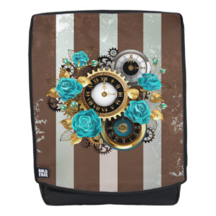 Steampunkuhr und türkisfarbene Rose auf Streifen Rucksack