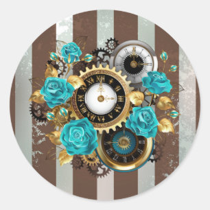 Steampunkuhr und türkisfarbene Rose auf Streifen Runder Aufkleber