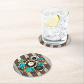 Steampunkuhr und türkisfarbene Rose auf Streifen Runder Pappuntersetzer (Vor Ort)