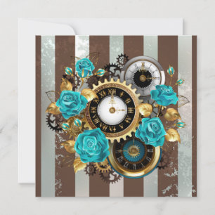 Steampunkuhr und türkisfarbene Rose auf Streifen Save The Date