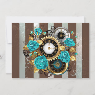 Steampunkuhr und türkisfarbene Rose auf Streifen Save The Date