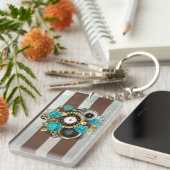 Steampunkuhr und türkisfarbene Rose auf Streifen Schlüsselanhänger (Vorderseite rechts)