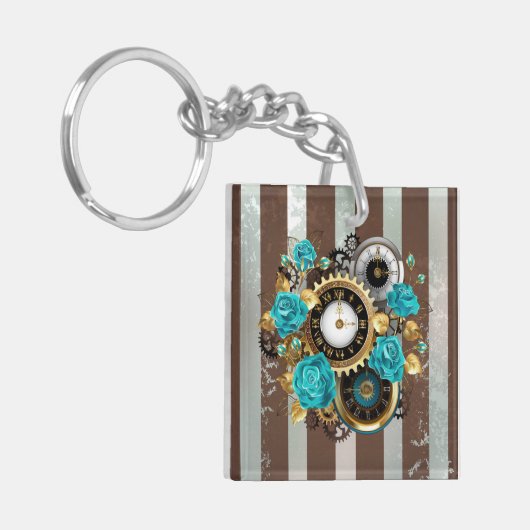 Steampunkuhr und türkisfarbene Rose auf Streifen Schlüsselanhänger (Vorderseite links)