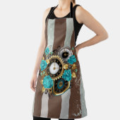 Steampunkuhr und türkisfarbene Rose auf Streifen Schürze (InSitu)