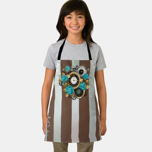 Steampunkuhr und türkisfarbene Rose auf Streifen Schürze (Insitu)
