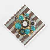 Steampunkuhr und türkisfarbene Rose auf Streifen Serviette (Ecke)