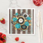 Steampunkuhr und türkisfarbene Rose auf Streifen Serviette (Beispiel)