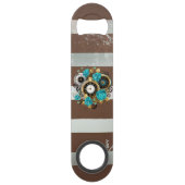 Steampunkuhr und türkisfarbene Rose auf Streifen Speed Flaschenöffner (Rückseite)