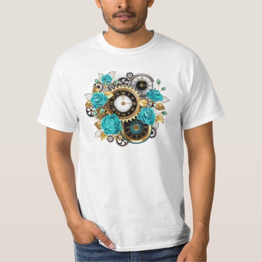 Steampunkuhr und türkisfarbene Rose auf Streifen T-Shirt (Vorderseite)