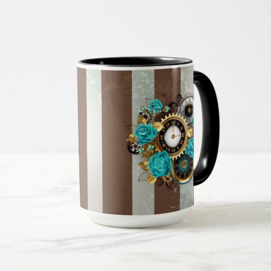 Steampunkuhr und türkisfarbene Rose auf Streifen Tasse (VorderseiteRechts)