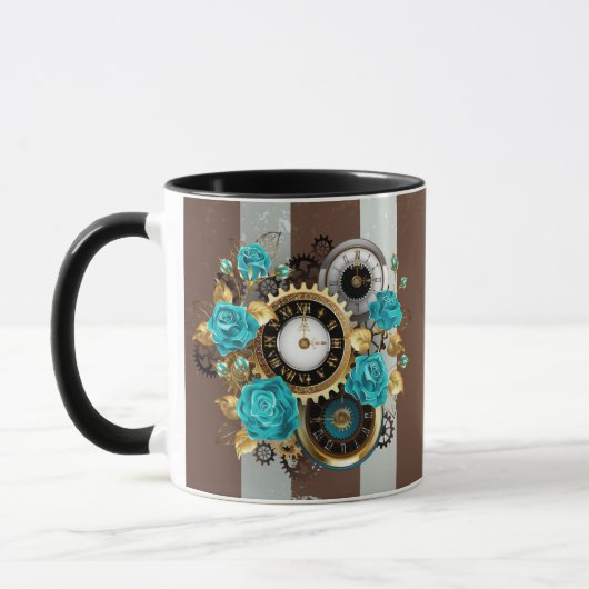 Steampunkuhr und türkisfarbene Rose auf Streifen Tasse (Links)