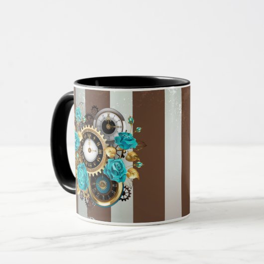 Steampunkuhr und türkisfarbene Rose auf Streifen Tasse (Vorderseite Links)