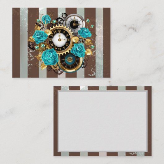 Steampunkuhr und türkisfarbene Rose auf Streifen Visitenkarte (Vorne/Hinten)