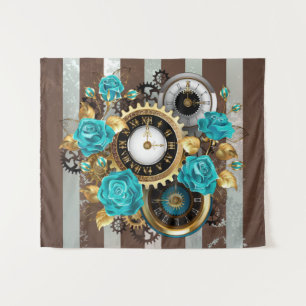 Steampunkuhr und türkisfarbene Rose auf Streifen Wandteppich