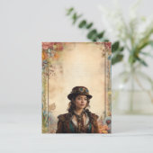 Steampunkweibchen und Vintage Blumenstationäre Postkarte (Stehend Vorderseite)