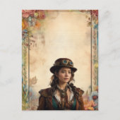 Steampunkweibchen und Vintage Blumenstationäre Postkarte (Vorderseite)