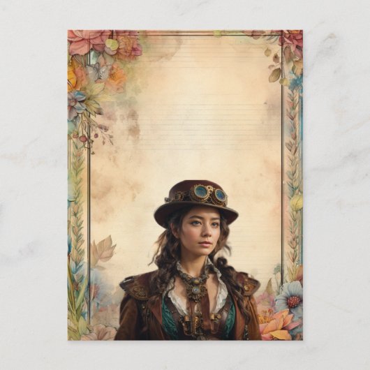 Steampunkweibchen und Vintage Blumenstationäre Postkarte (Vorderseite)