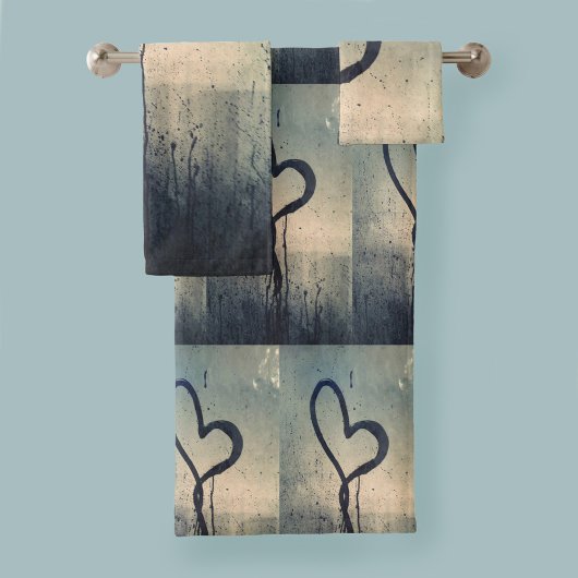 Steamy Hearts Blue Beige Black Badhandtuch Set