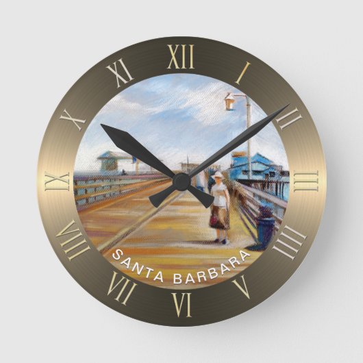 Stearns Wharf Pastel Zeichnend | Santa Barbara, CA Runde Wanduhr (Vorderseite)