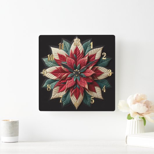 Stechmuster Poinsettia Rot Grün Schwarz Quadratische Wanduhr (Zuhause)