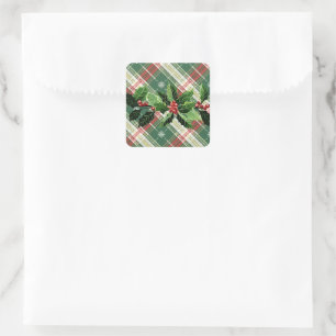 Stechpalme auf Weihnachtskariert 9 Quadratischer Aufkleber