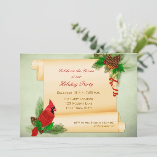 Stechpalme, Kardinal, Pergament-Rolle-Party Einladung (Stehend Vorderseite)