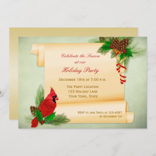 Stechpalme, Kardinal, Pergament-Rolle-Party Einladung (Vorne/Hinten)