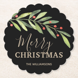 Stechpalme und Beeren auf Schwarz Frohe Weihnachte Untersetzer