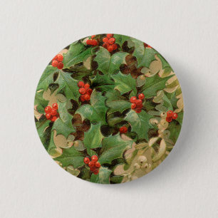 Stechpalmen-Beeren-Grün-Weihnachten-Festtage-Vinta Button
