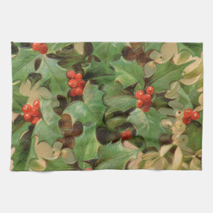 Stechpalmen-Beeren-Grün-Weihnachten-Festtage-Vinta Geschirrtuch