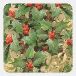 Stechpalmen-Beeren-Grün-Weihnachten-Festtage-Vinta Quadratischer Aufkleber