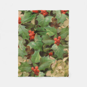 Stechpalmen-Beeren-Grün-Weihnachten-Festtags-Vinta Fleecedecke