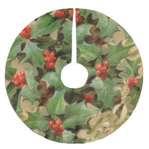 Stechpalmen-Beeren-Grün-Weihnachten-Festtags-Vinta Polyester Weihnachtsbaumdecke