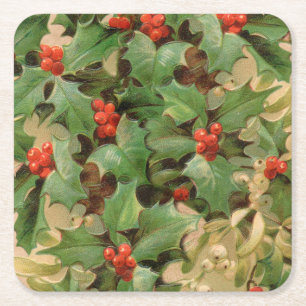Stechpalmen-Beeren-Grün-Weihnachten-Festtags-Vinta Rechteckiger Pappuntersetzer