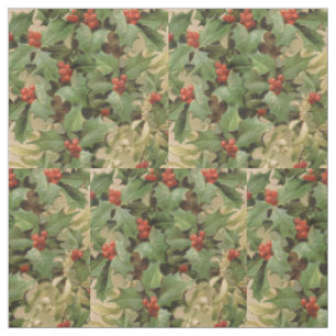 Stechpalmen-Beeren-Grün-Weihnachten-Festtags-Vinta Stoff