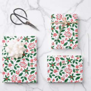Stechpalmen-Beeren Rot Grün Botanisch Weihnachten  Geschenkpapier Set