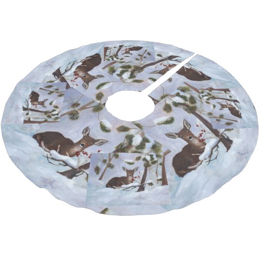 Stechpalmen-Beeren-Rotwild Polyester Weihnachtsbaumdecke (Schrägansicht)