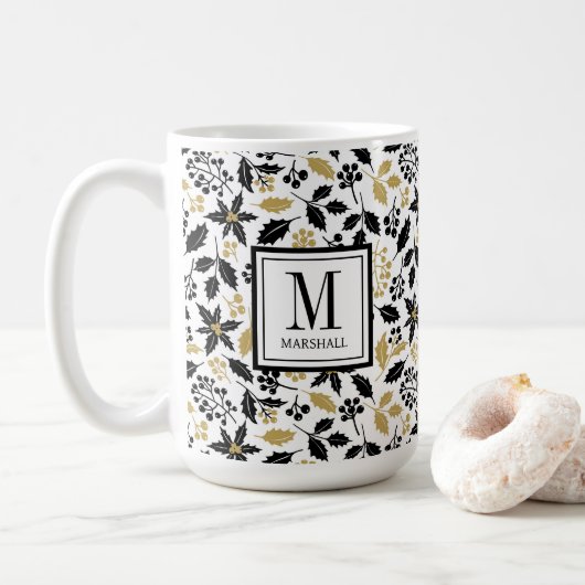 Stechpalmen-Beeren Schwarz Gold Name Monogramm Wei Kaffeetasse (Mit Donut)