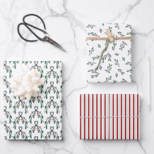 Stechpalmen-Grünmuster Weihnachtsgeschenke Geschenkpapier Set (Vorderseite)