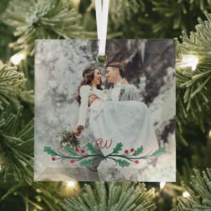 Stechpalmen-Halb-Kranz-Monogramm-Winterhochzeitsfo Ornament Aus Glas